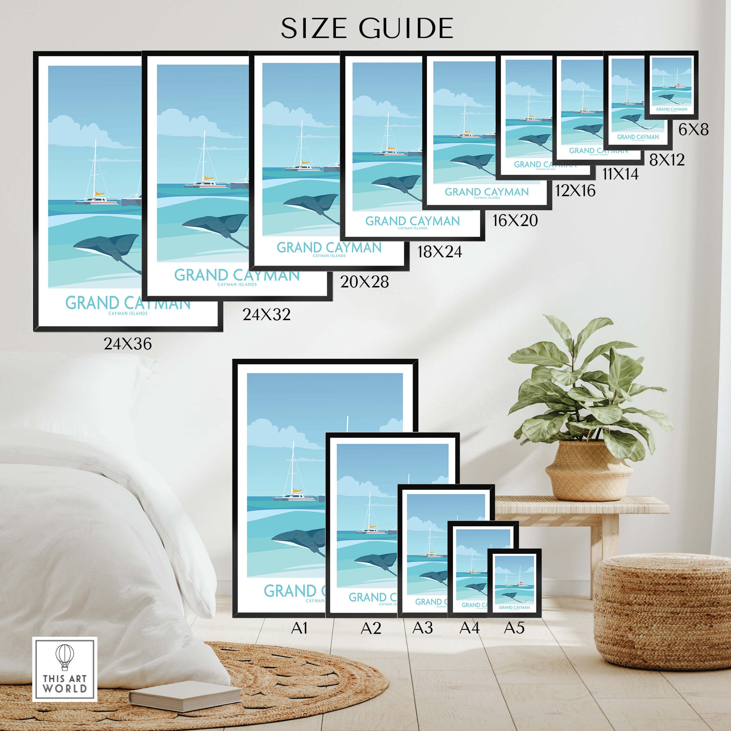 Grand Cayman Art Print Poster size guide showing various dimensions and options for home decor.