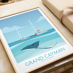 Grand Cayman Art Print Poster featuring stingrays and sailboats in a vibrant tropical setting.