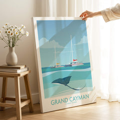 Grand Cayman Art Print Poster featuring stingray and sailboats in a serene tropical setting.