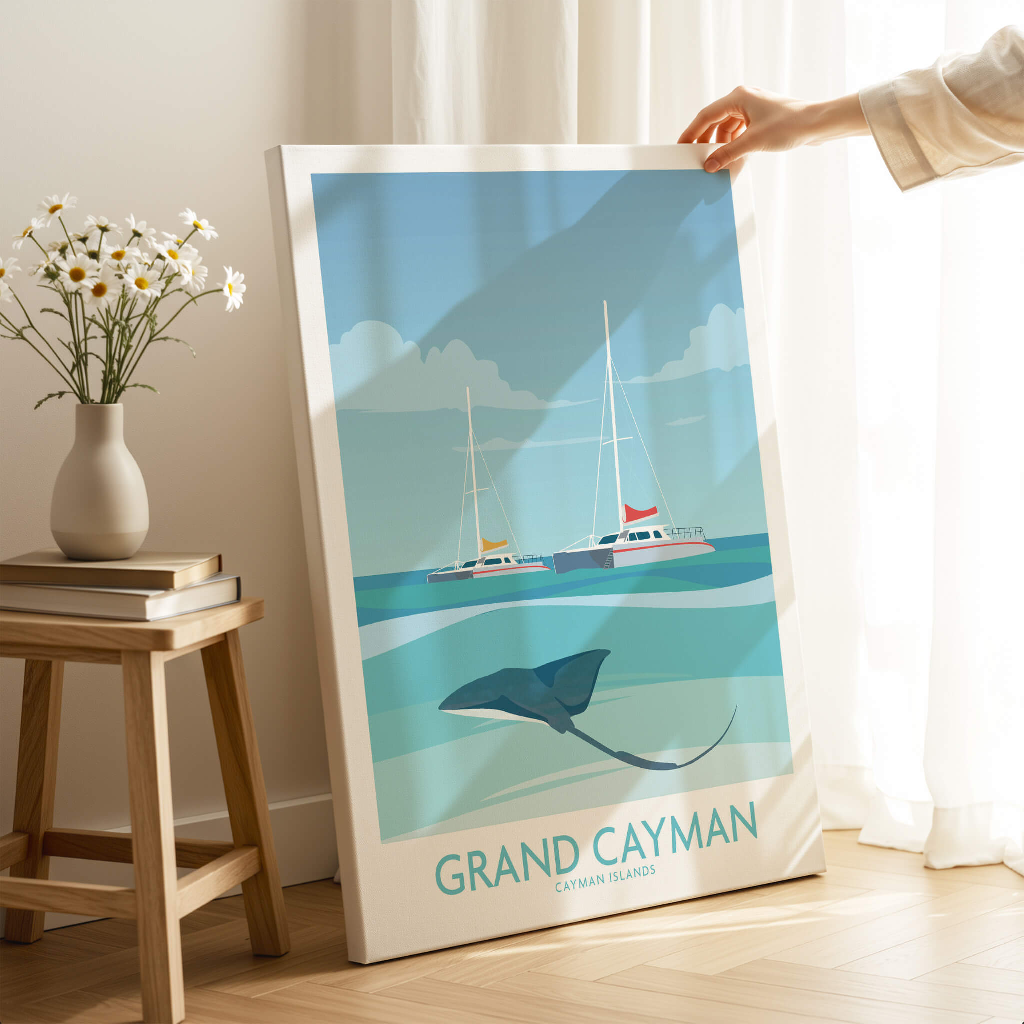 Grand Cayman Art Print Poster featuring stingray and sailboats in a serene tropical setting.