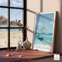 Grand Cayman Art Print Poster showcasing stingrays and sailboats, capturing the essence of Grand Cayman.