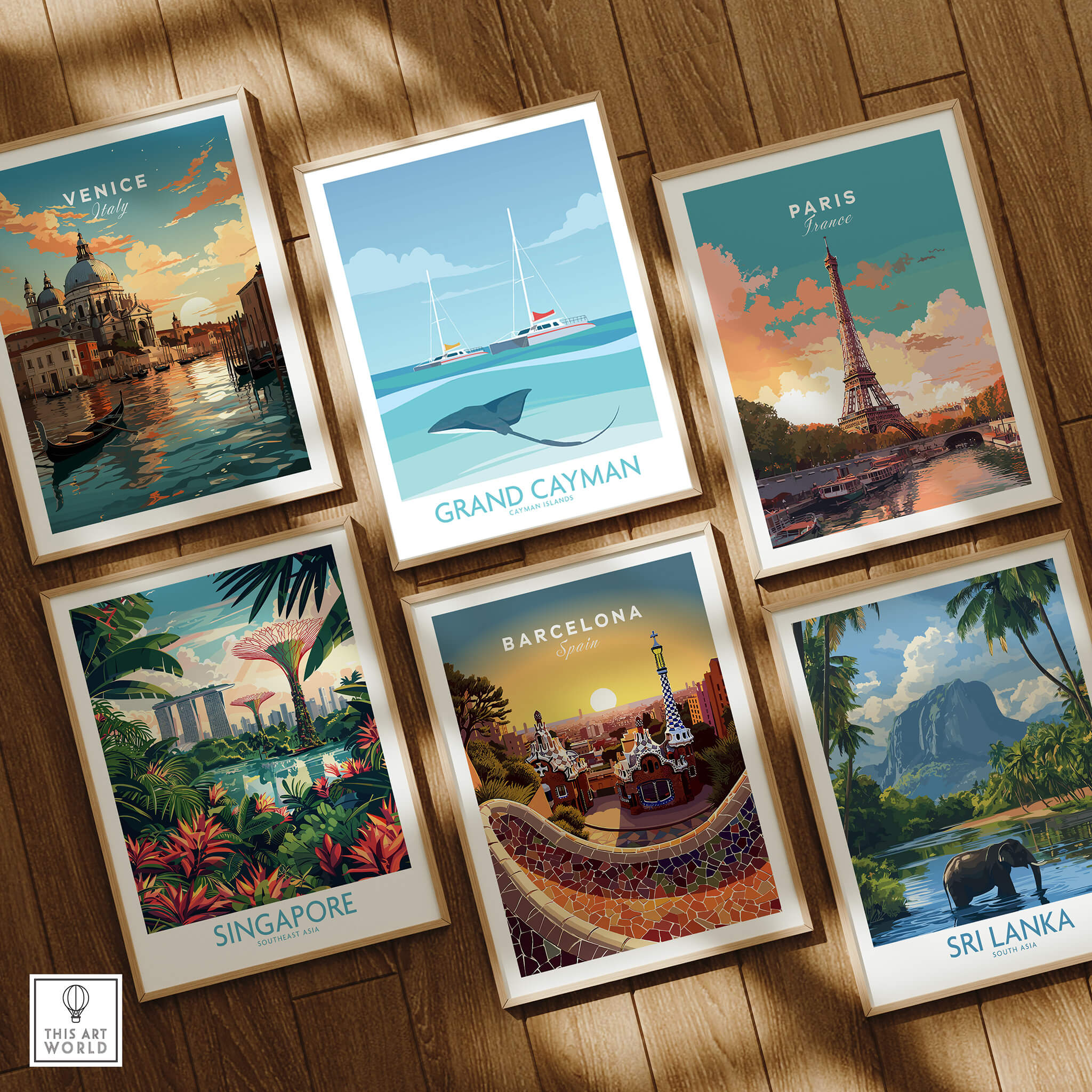 Grand Cayman Art Print Poster among travel-themed art prints featuring Venice, Paris, Singapore, Barcelona, and Sri Lanka.