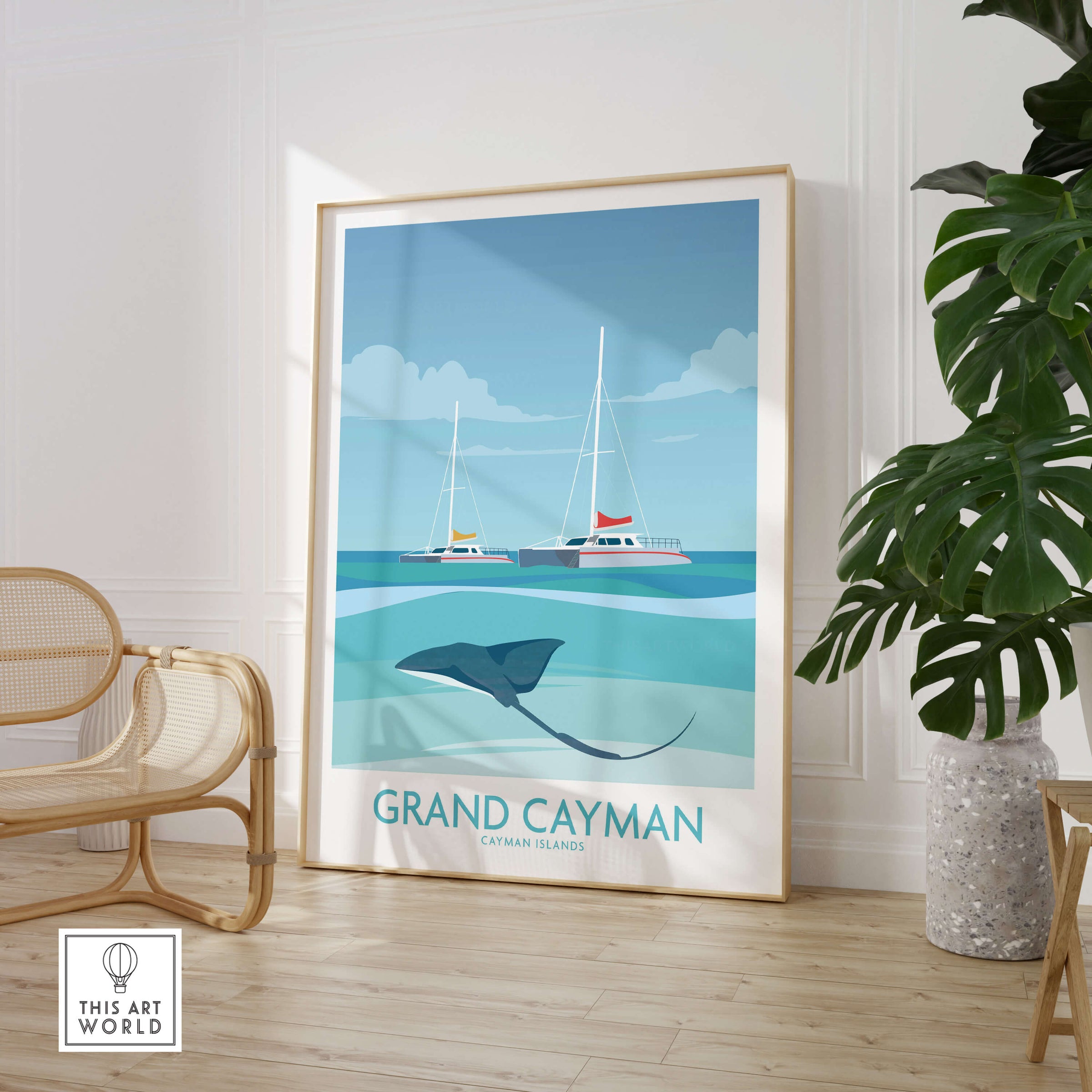 Grand Cayman Art Print Poster featuring stingrays and boats in a tropical ocean setting.