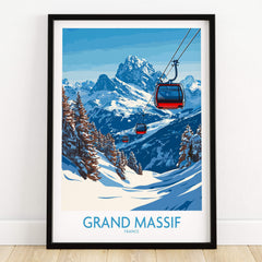 Grand Massif Ski Poster featuring cable cars in stunning alpine scenery.
