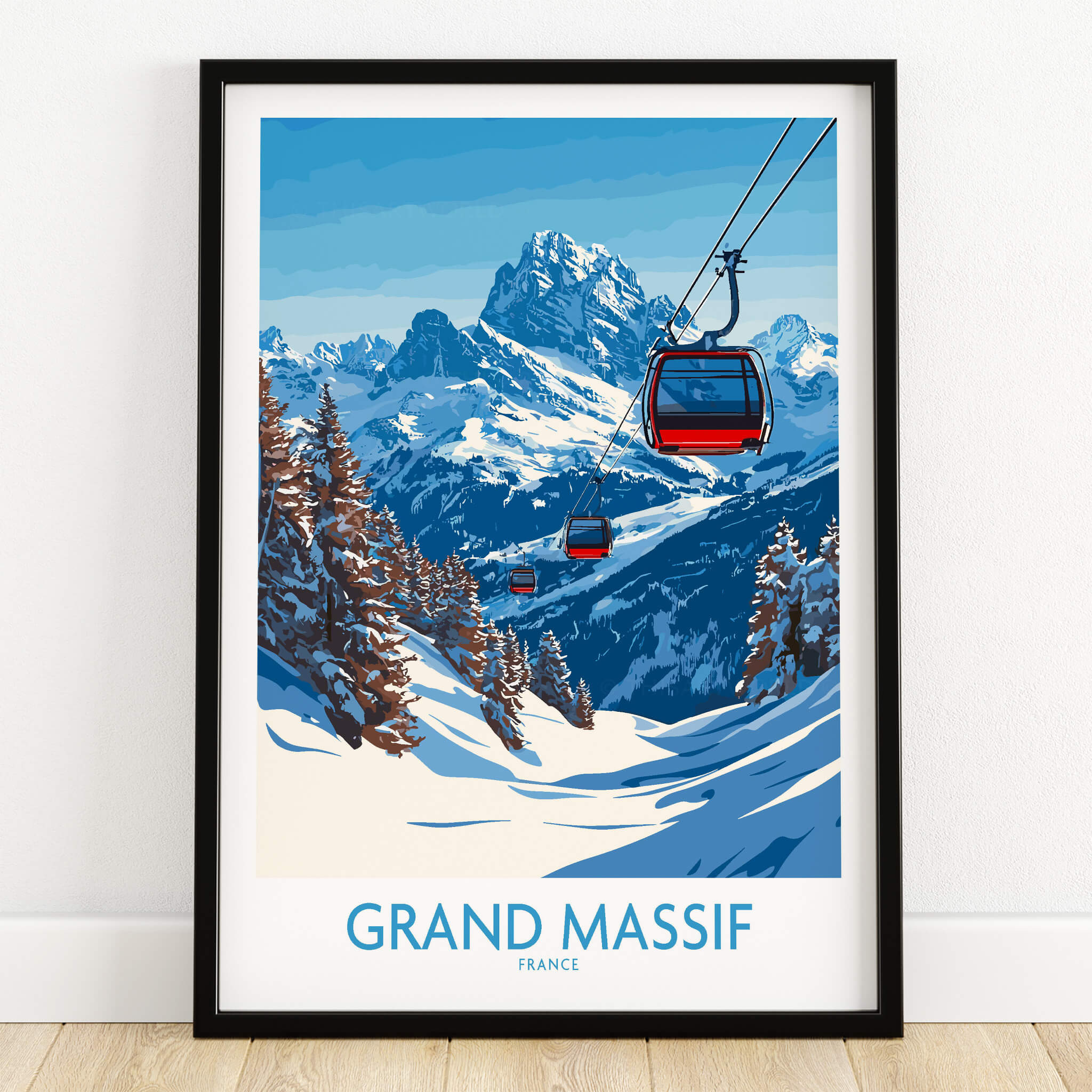 Grand Massif Ski Poster featuring cable cars in stunning alpine scenery.