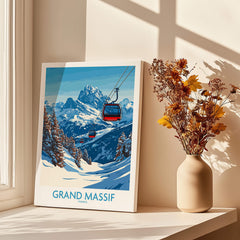 Grand Massif Ski Poster featuring a scenic view of ski slopes and gondolas in France.