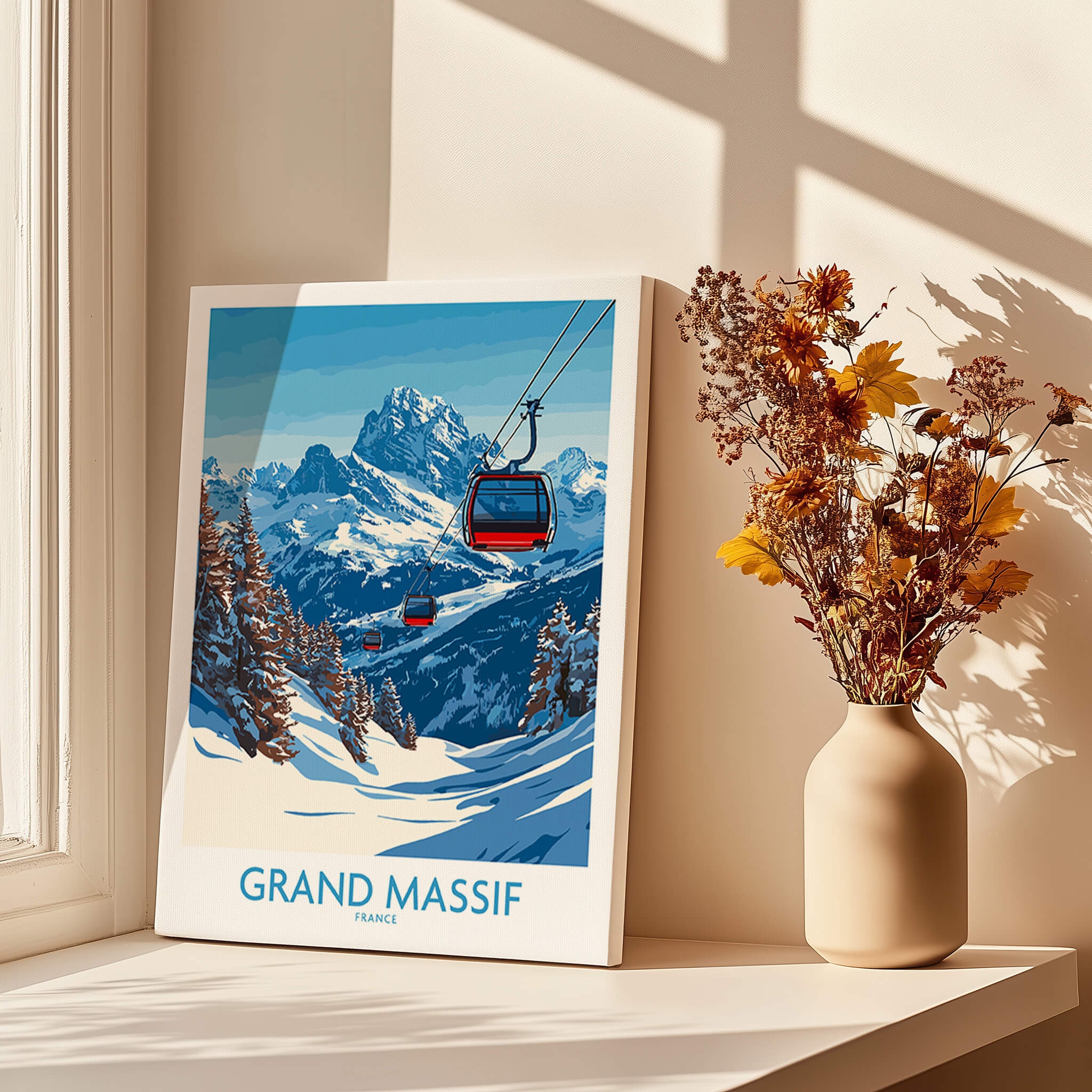 Grand Massif Ski Poster featuring a scenic view of ski slopes and gondolas in France.