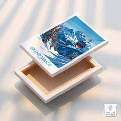 Grand Massif Ski Poster featuring a cable car amidst snowy mountains in a visually stunning design.