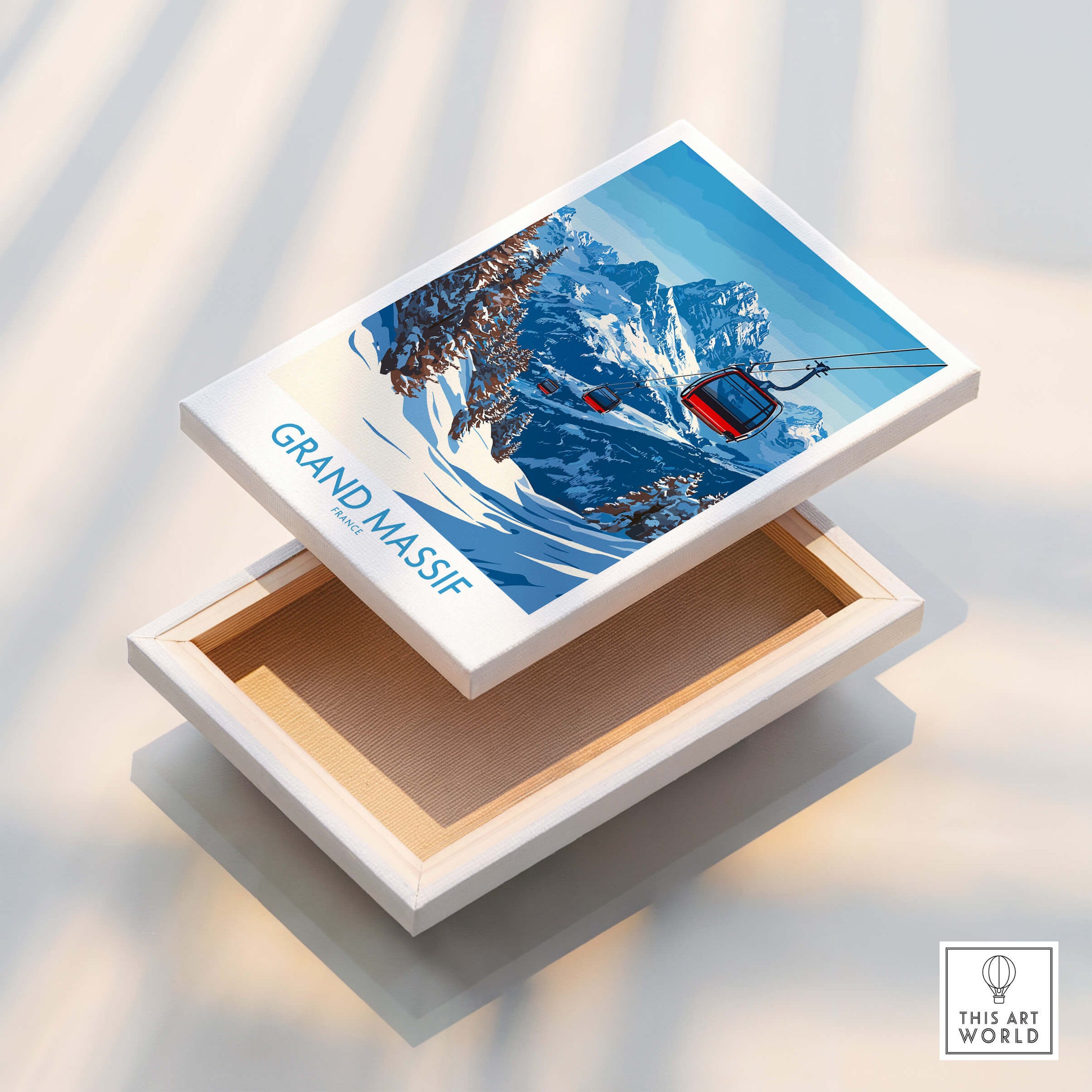 Grand Massif Ski Poster featuring a cable car amidst snowy mountains in a visually stunning design.