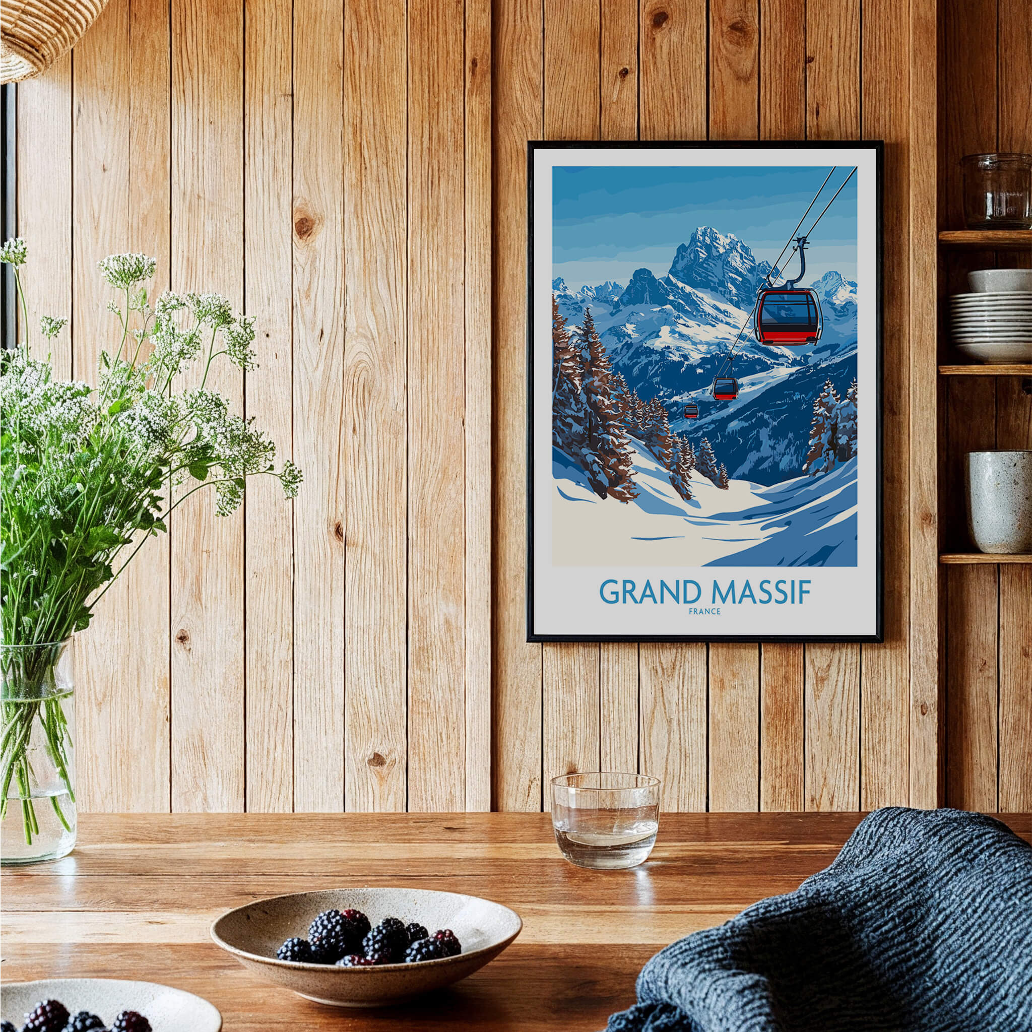 Grand Massif Ski Poster displayed in a cozy room with wooden walls, featuring mountains and ski lifts.