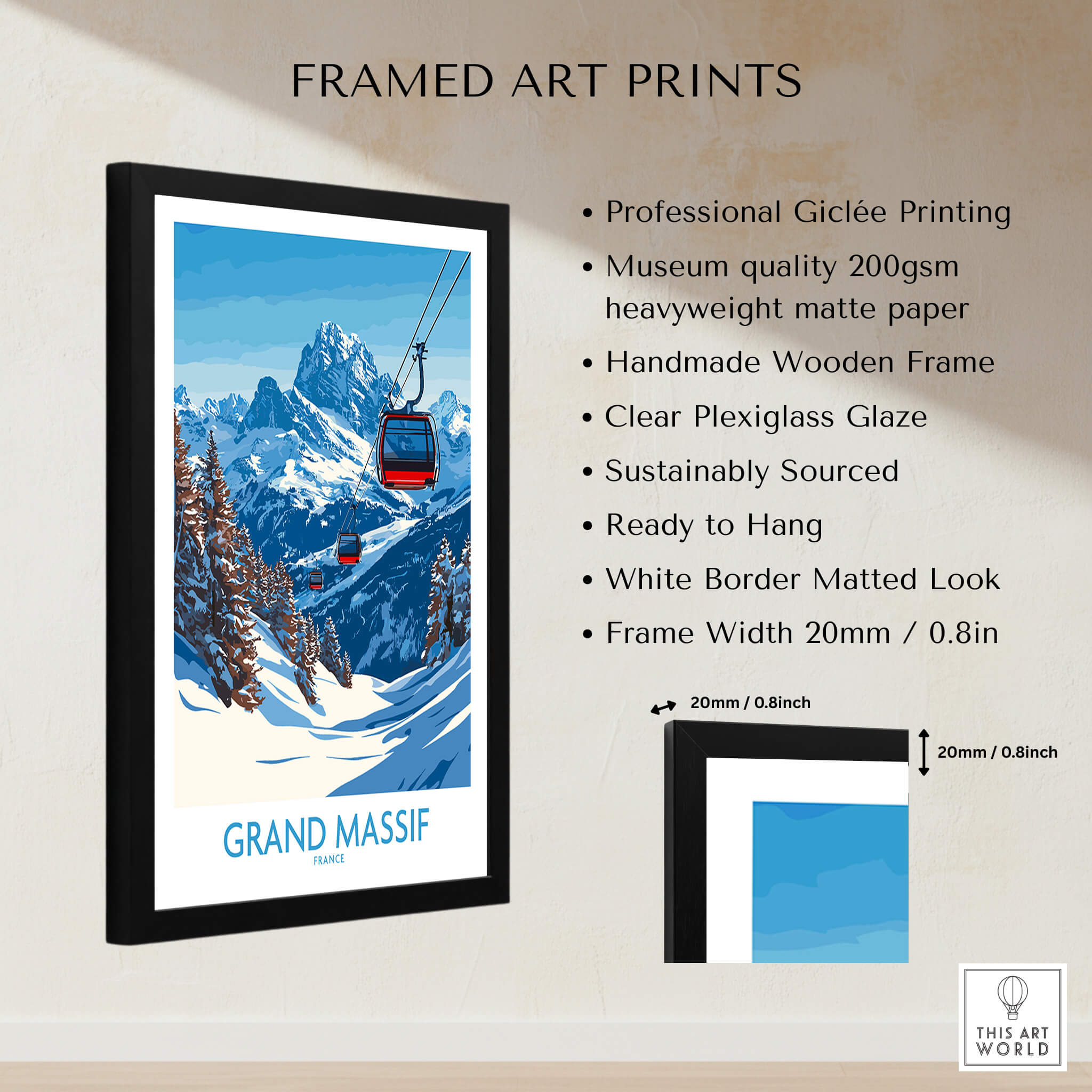 Grand Massif Ski Poster featuring a framed art print of the ski resort with giclée printing and clear plexiglass.