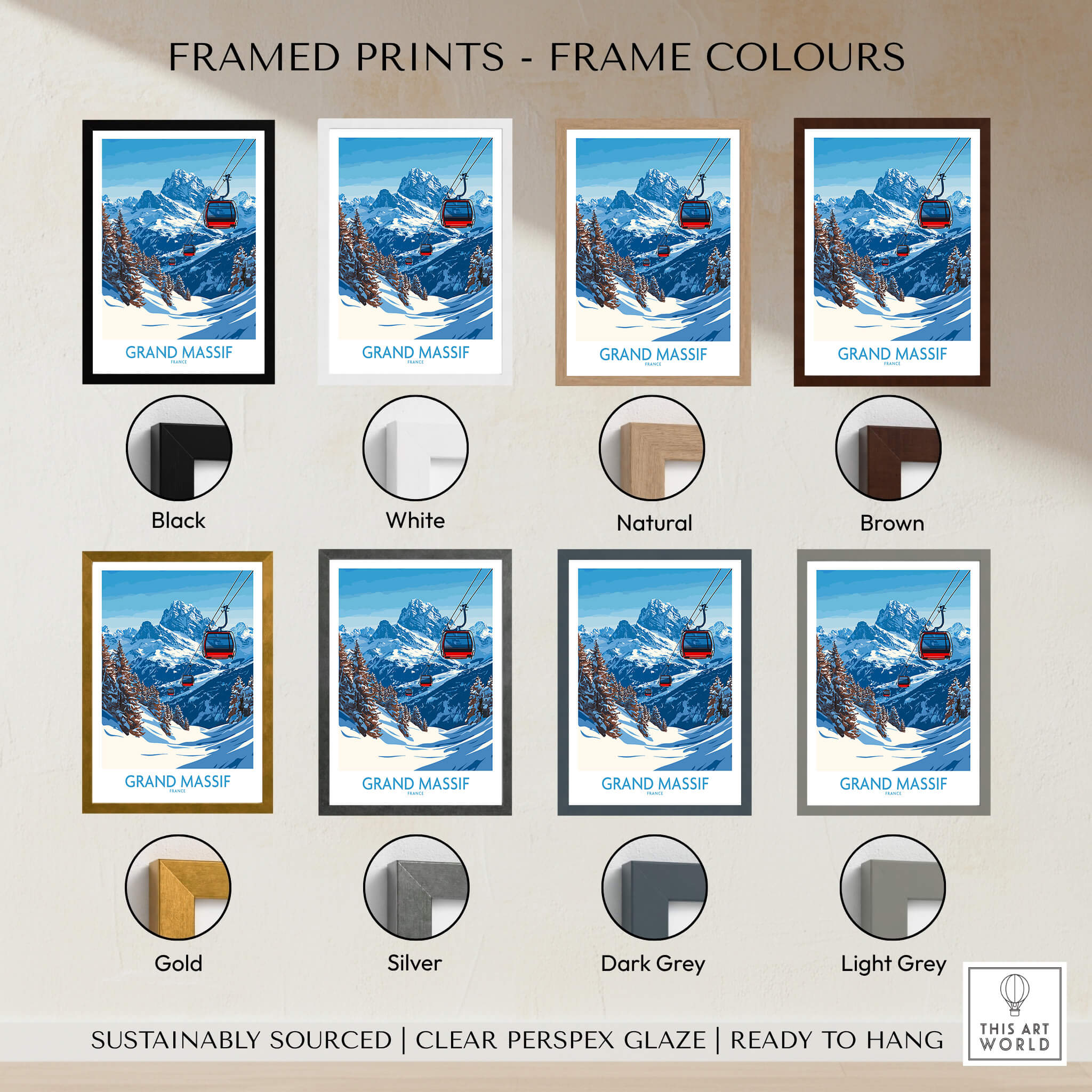 Grand Massif Ski Poster available in various frame colors including black, white, natural, brown, gold, silver, dark grey, and light grey.