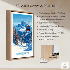Framed canvas print featuring the Grand Massif Ski Poster with beautiful mountain scenery and a ski lift.