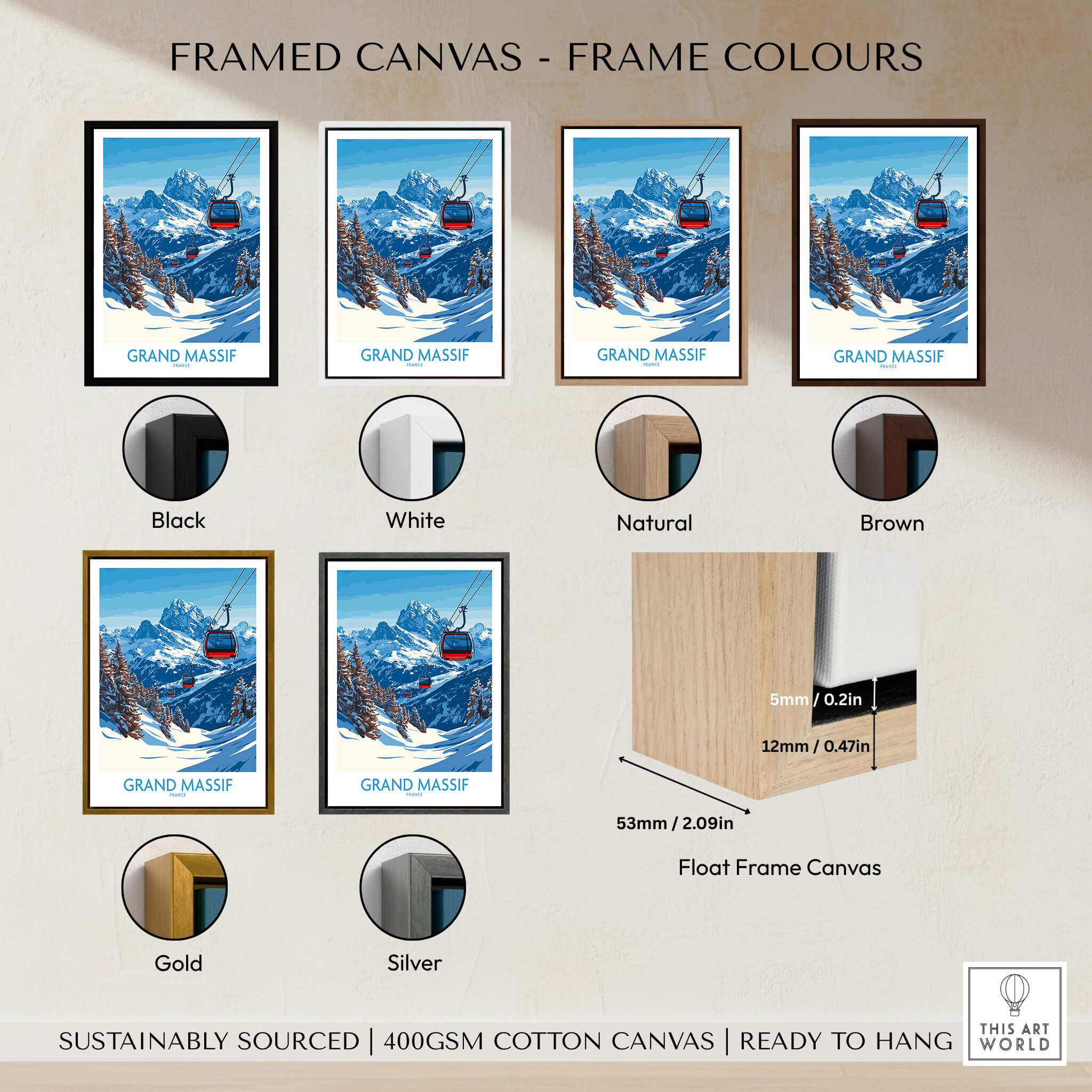 Various frame colors for the Grand Massif Ski Poster, showcasing options in Black, White, Natural, Brown, Gold, and Silver.