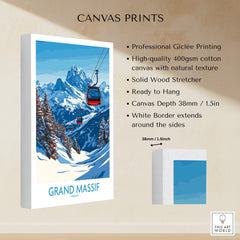 Grand Massif Ski Poster showcasing stunning ski slopes and majestic mountains with a gondola in scenic design.
