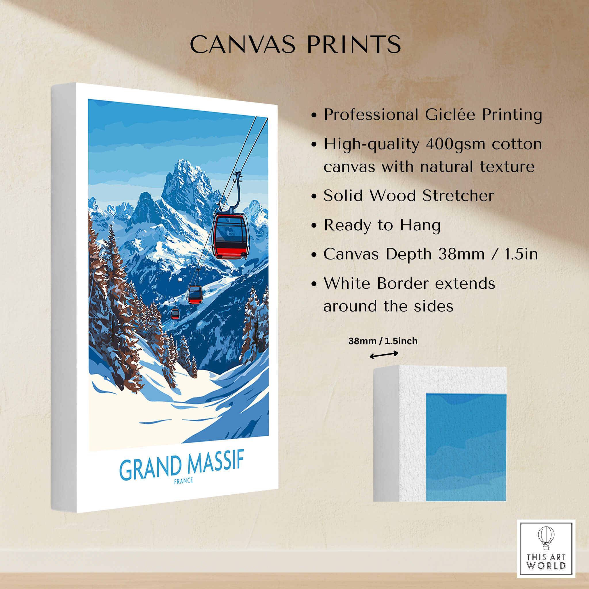 Grand Massif Ski Poster showcasing stunning ski slopes and majestic mountains with a gondola in scenic design.