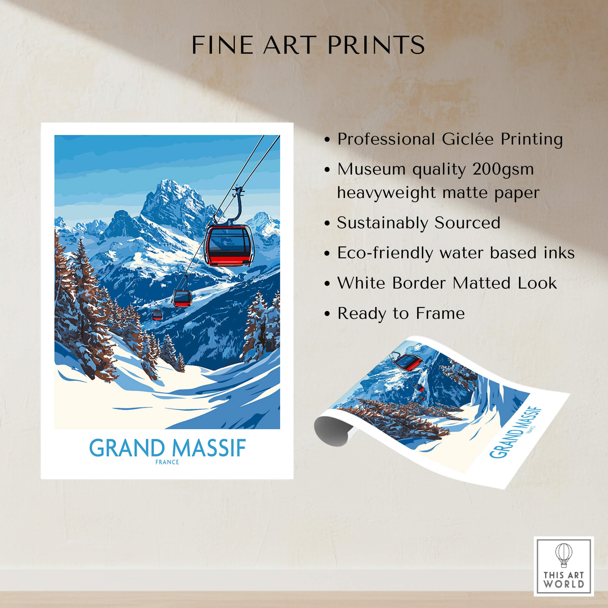 Grand Massif Ski Poster showcasing the iconic ski slopes and cable cars in stunning artwork.