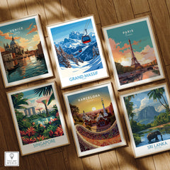 Collection of travel posters including Venice, Grand Massif, Paris, Barcelona, Singapore, and Sri Lanka.