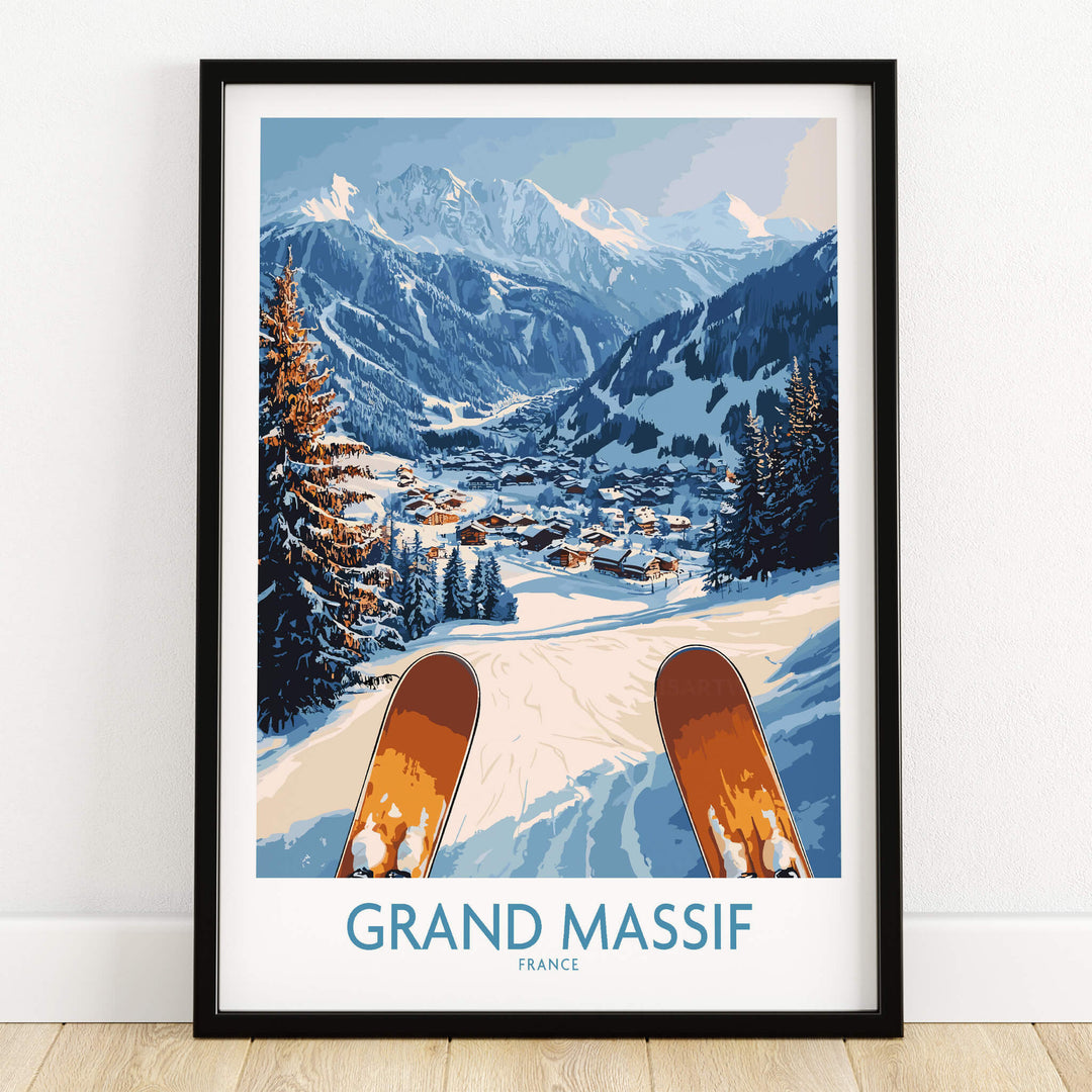 Grand Massif Ski Wall Art Print featuring skis and snowy mountains, perfect for outdoor enthusiasts.