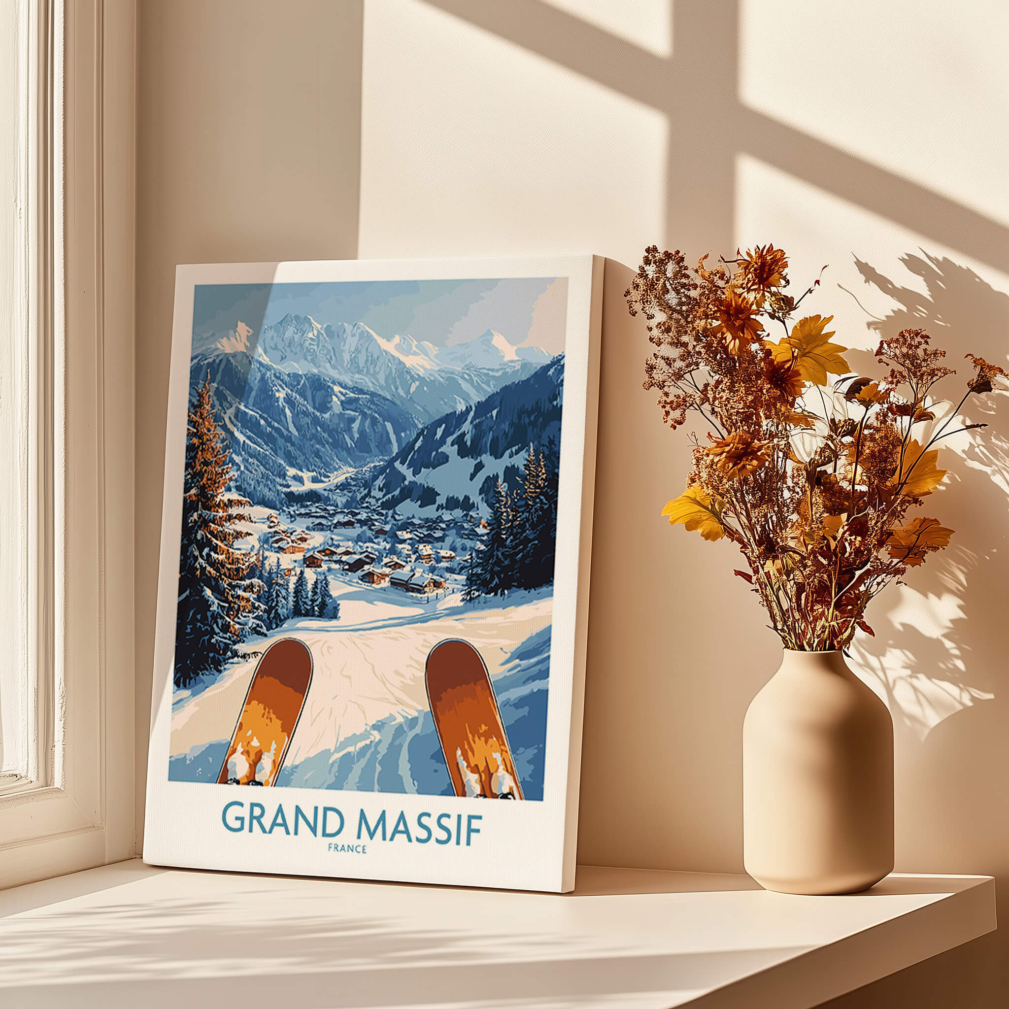 Grand Massif Ski Wall Art Print showcasing ski slopes and mountains in a cozy room setting with flowers.