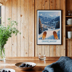 Grand Massif Ski Wall Art Print featuring stunning ski slopes and snowy mountains in a cozy wooden interior.