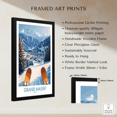 Framed Grand Massif Ski Wall Art Print showcasing snowy mountains and ski slopes, perfect for winter decor.