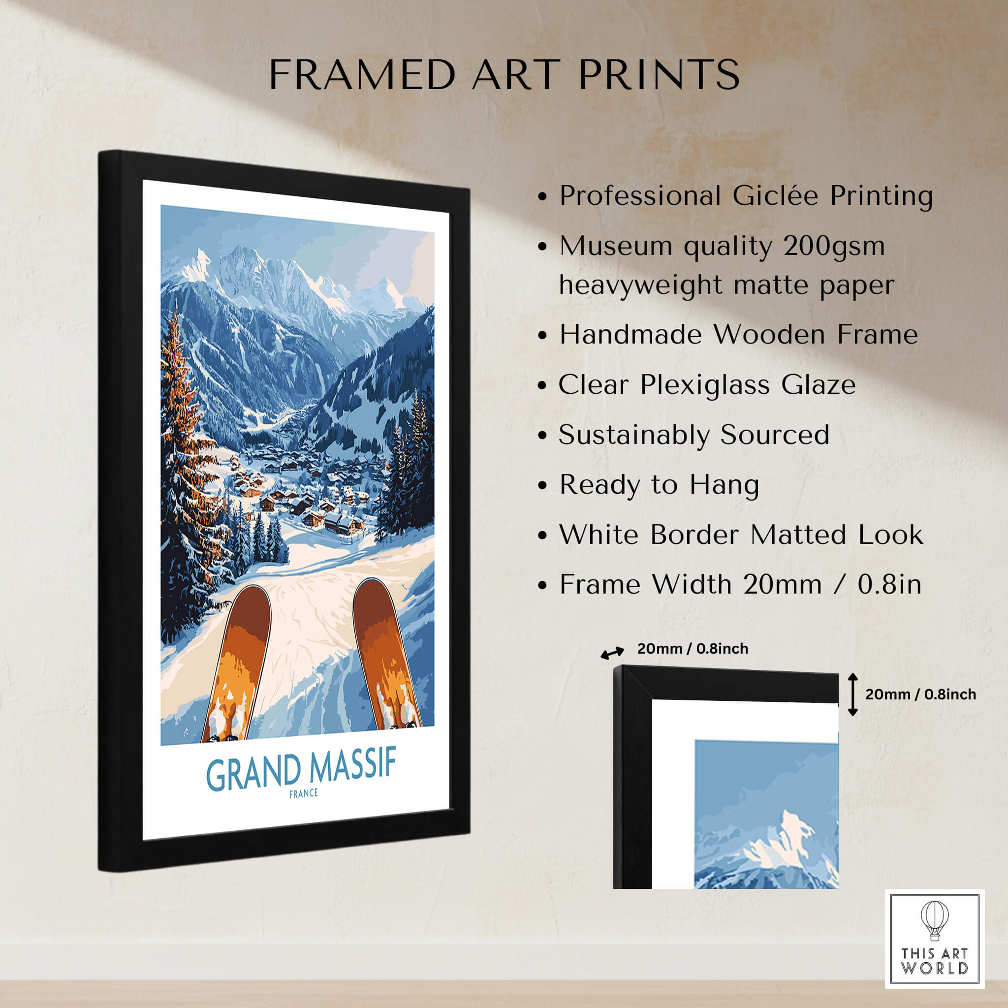 Framed Grand Massif Ski Wall Art Print showcasing snowy mountains and ski slopes, perfect for winter decor.