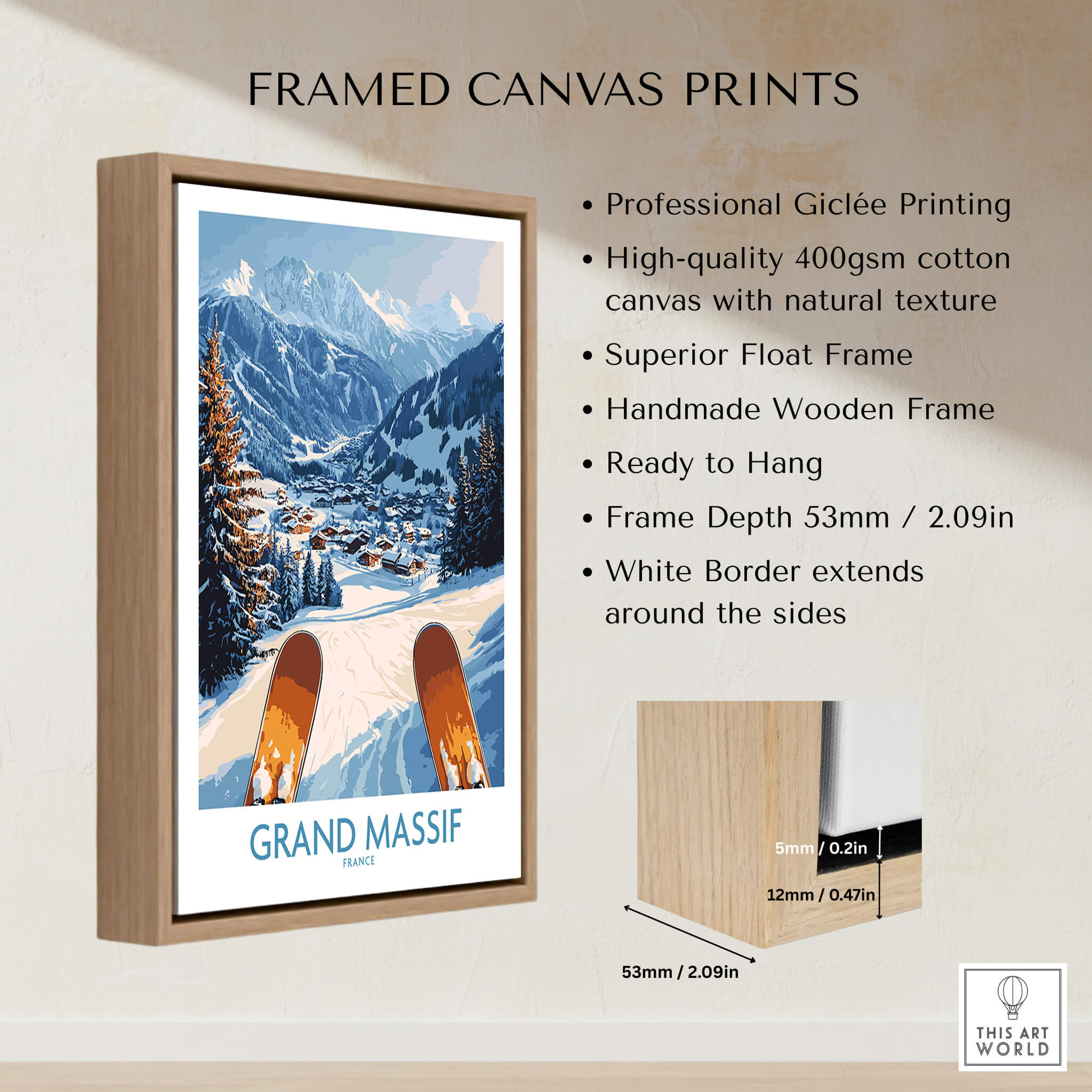 Framed Grand Massif Ski Wall Art Print showcasing snowy mountains and ski slopes in a beautiful wooden frame.
