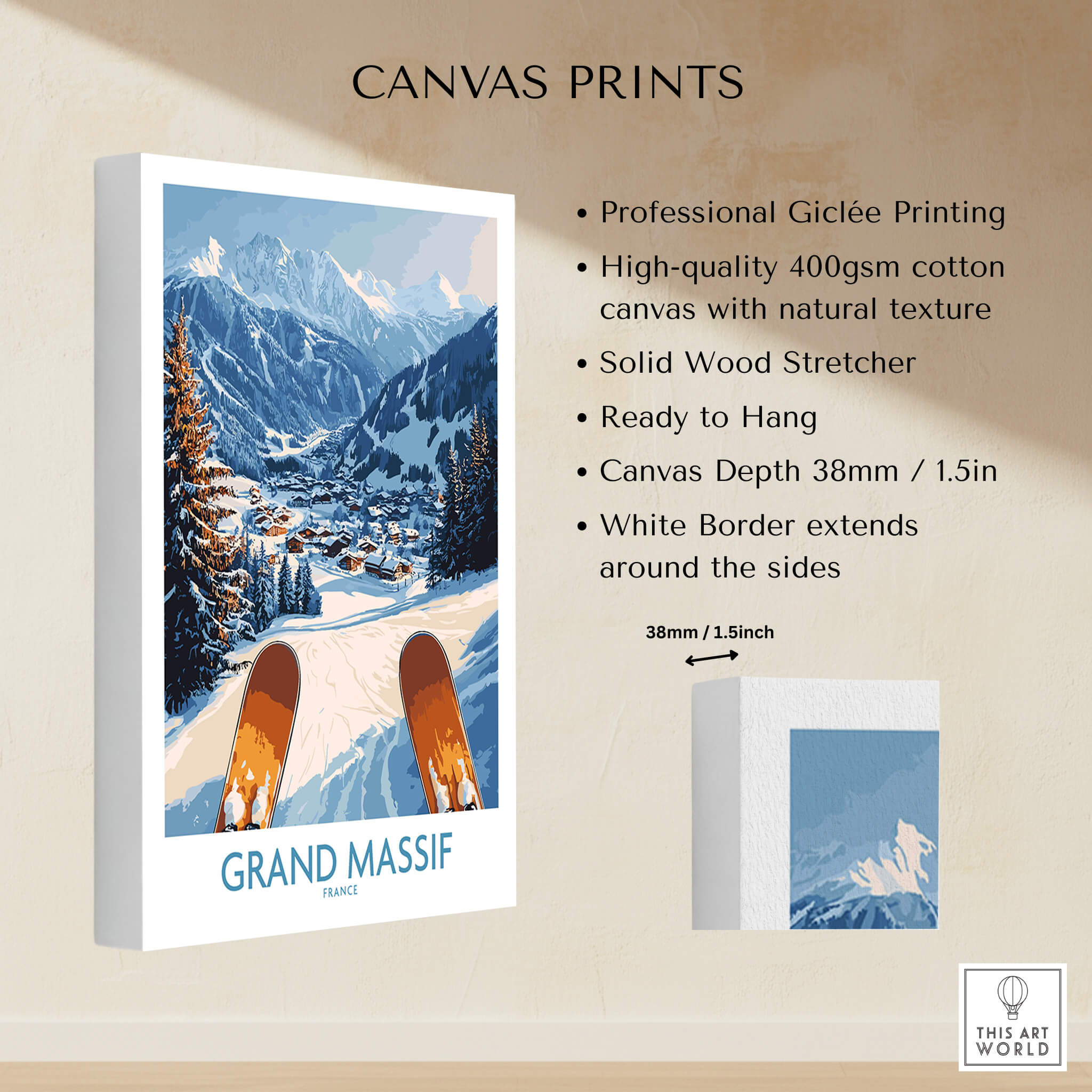 Grand Massif Ski Wall Art Print featuring snowy mountains and ski slopes on a canvas, ready to hang.