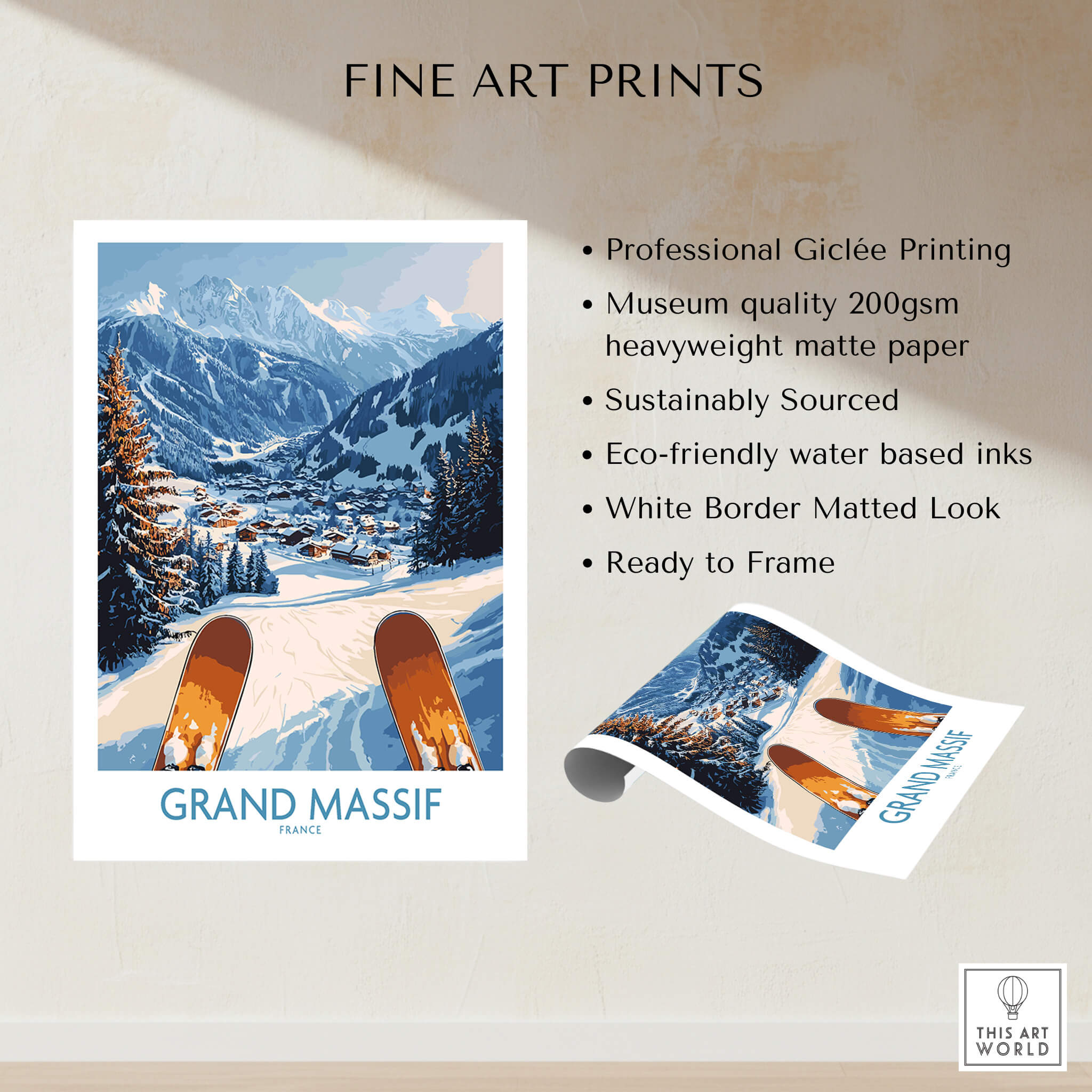 Grand Massif Ski Wall Art Print featuring snowy mountains and ski slopes, perfect for winter decor.