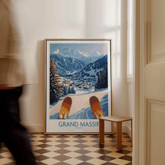 Grand Massif Ski Wall Art Print displayed in a stylish interior, showcasing snowy mountains and ski slopes.