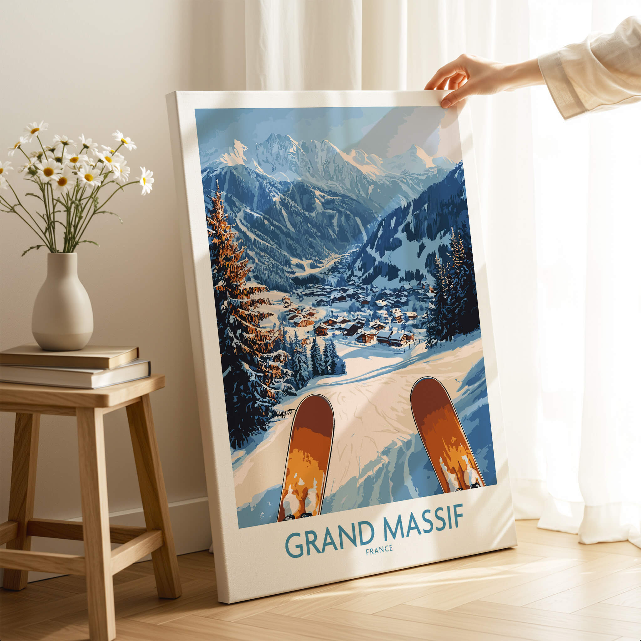 Grand Massif Ski Wall Art Print showcasing ski slopes and snowy mountains, perfect for winter decor.