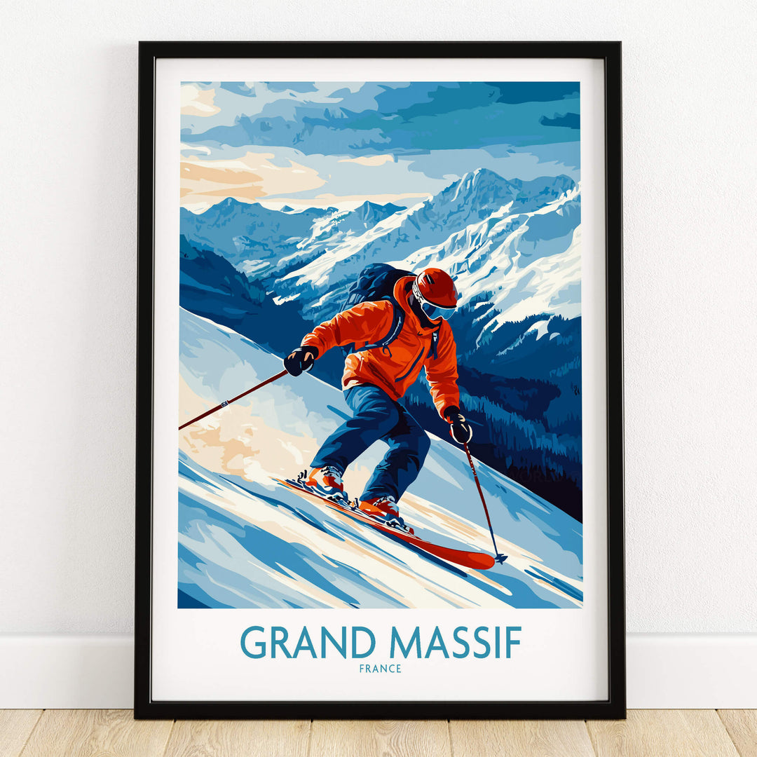 Grand Massif Poster France featuring a skier amidst breathtaking mountain scenery.