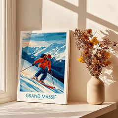 Grand Massif Poster France featuring a skier on a beautiful mountain backdrop.