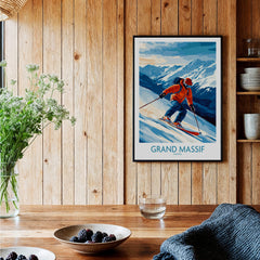 Grand Massif Poster France featuring a skier against a wooden backdrop, capturing adventure and mountain beauty.