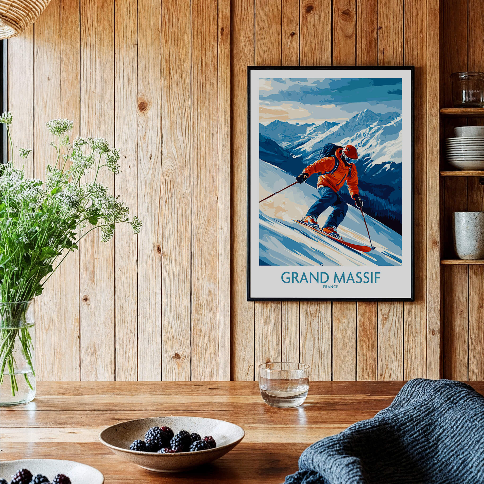 Grand Massif Poster France featuring a skier against a wooden backdrop, capturing adventure and mountain beauty.