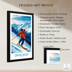 Framed Grand Massif Poster France showcasing a skier with mountain backdrop, perfect for ski enthusiasts and home decor.