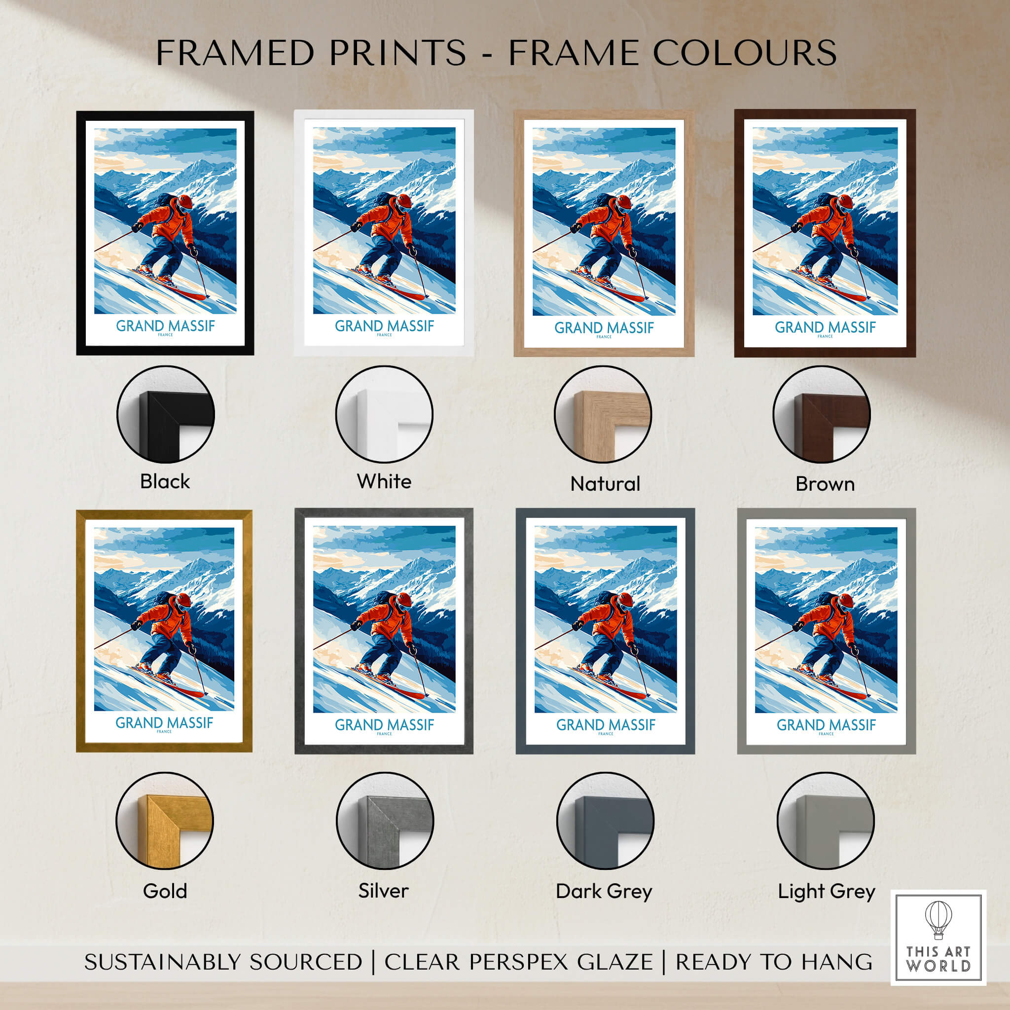 Framed prints of Grand Massif Poster France showcasing various frame colors including black, white, natural, brown, and more.