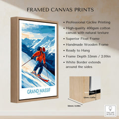 Framed canvas print featuring Grand Massif Poster France with skier against a mountain backdrop.