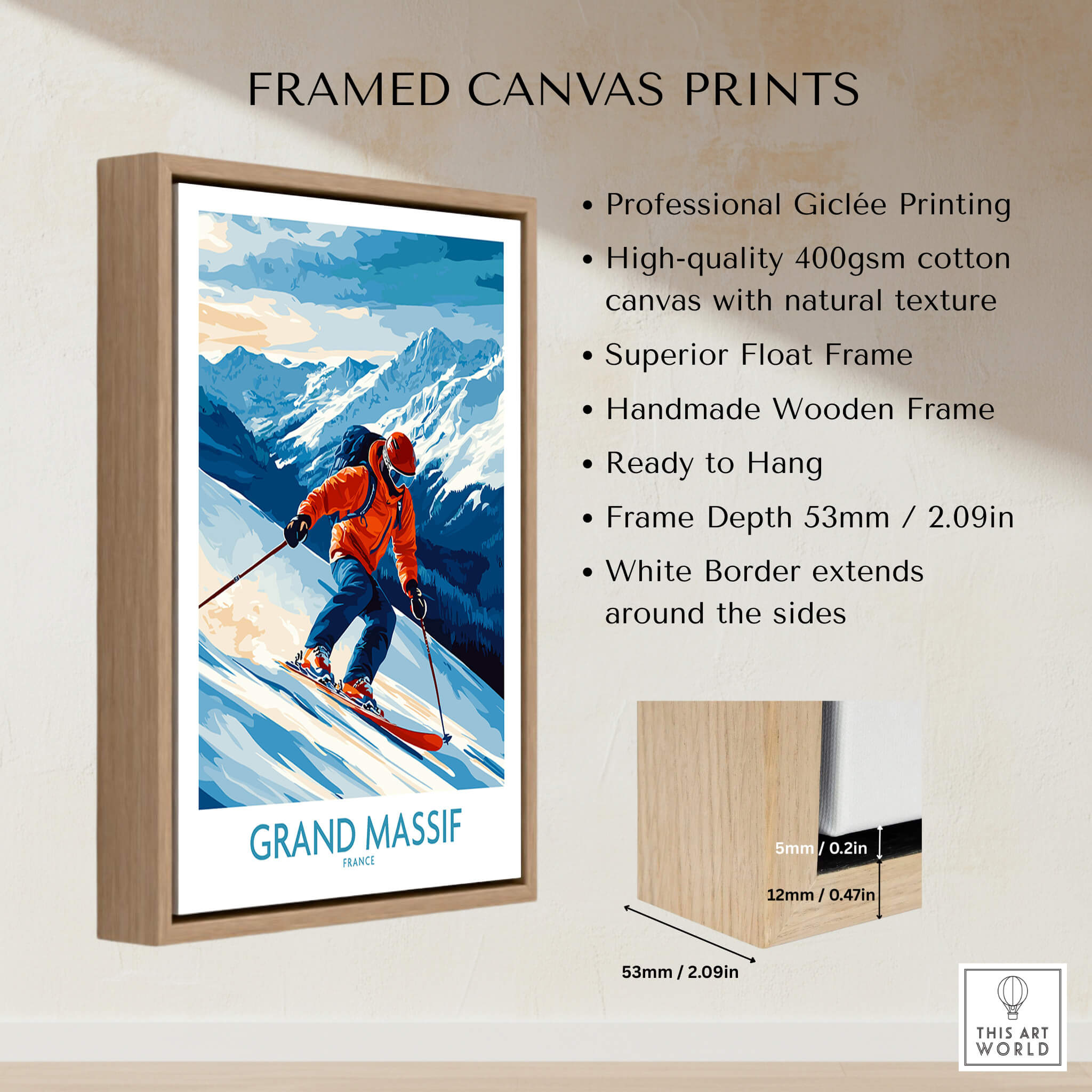 Framed canvas print featuring Grand Massif Poster France with skier against a mountain backdrop.