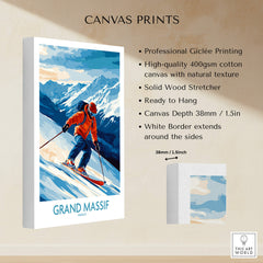 Grand Massif Poster France featuring a skier on a snowy mountain canvas print, ready to hang.