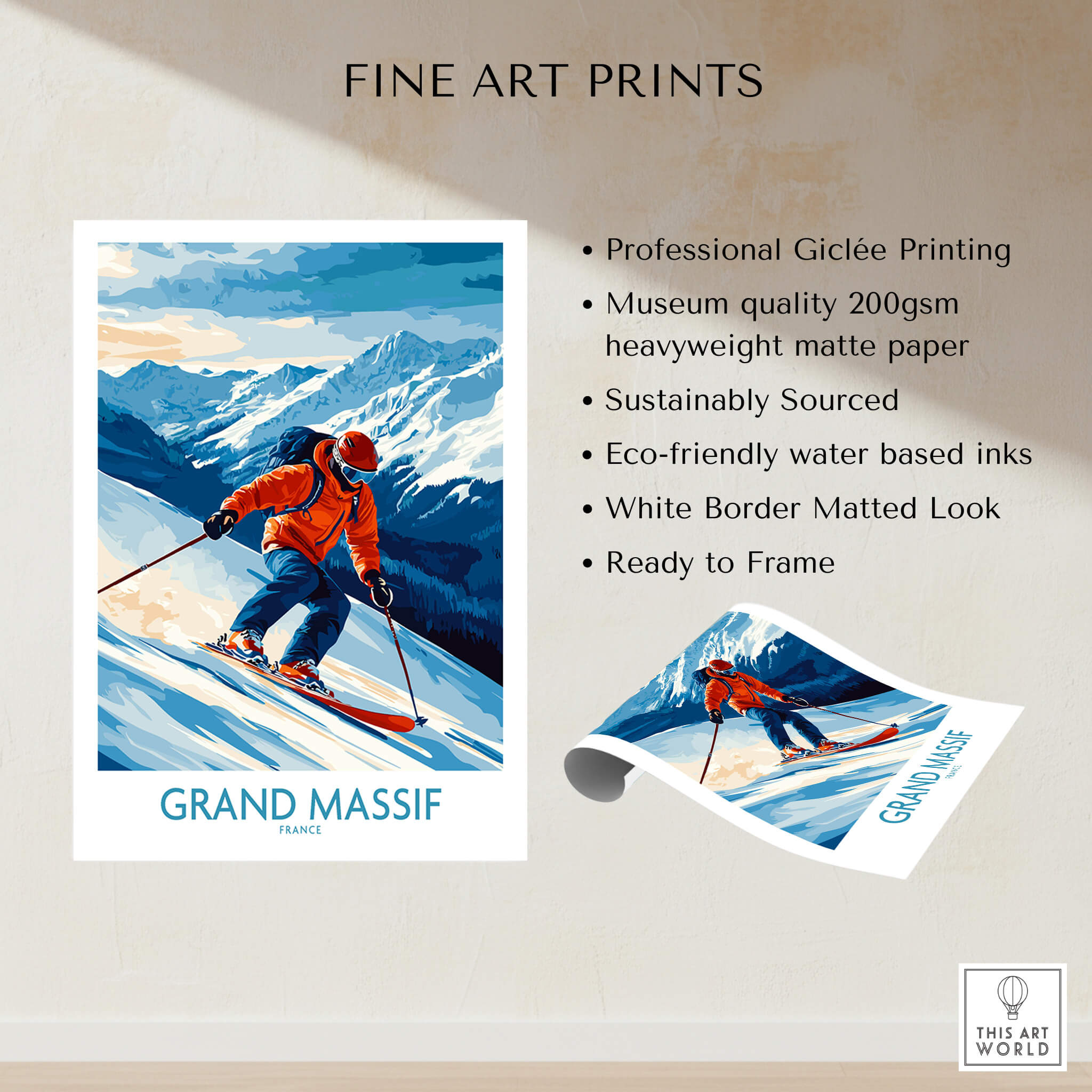 Grand Massif Poster France featuring a skier on snowy mountains, vibrant colors, printed on heavyweight matte paper.