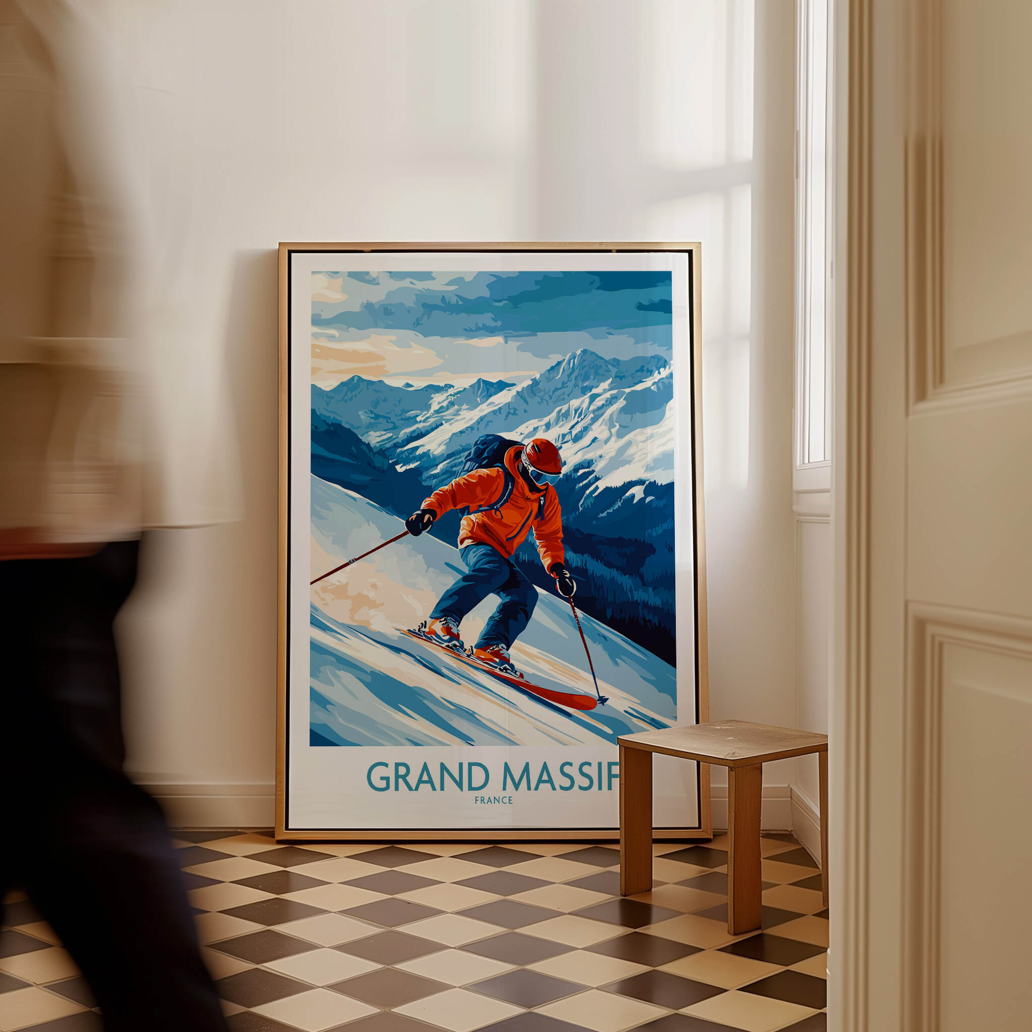 Grand Massif Poster France showcasing a skier on the slopes with stunning mountain backdrop in a stylish interior.