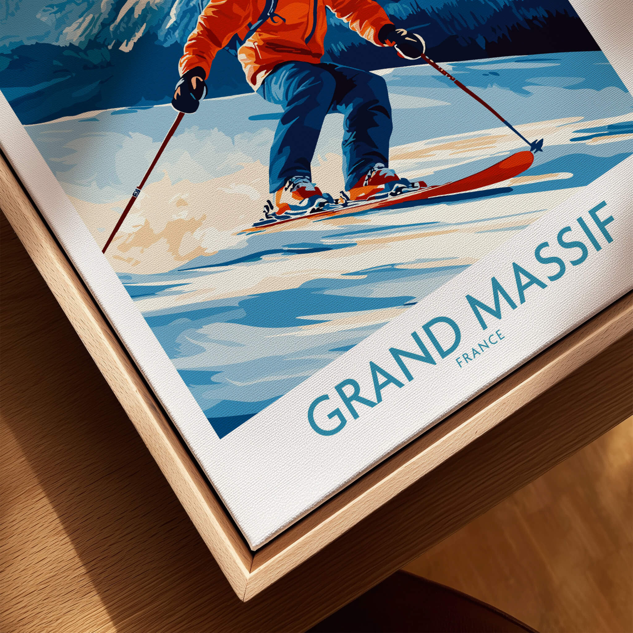 Grand Massif Poster France featuring a skier on snowy slopes showcasing the beauty of the Grand Massif.