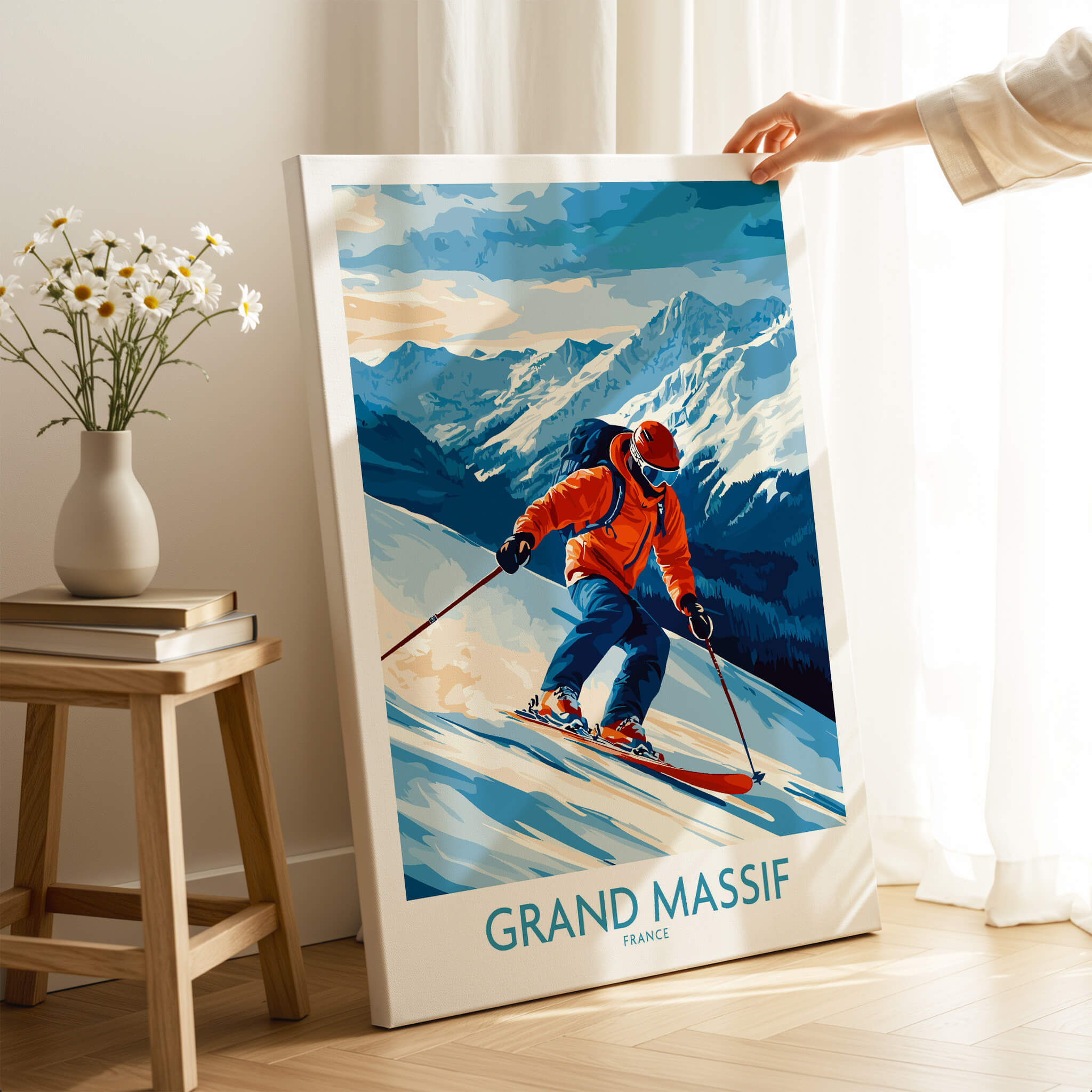 Grand Massif Poster France featuring a skier on a snowy mountain in a vibrant alpine setting.