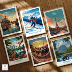 Collection of travel posters featuring Grand Massif, Venice, Paris, Barcelona, Singapore, and Sri Lanka.