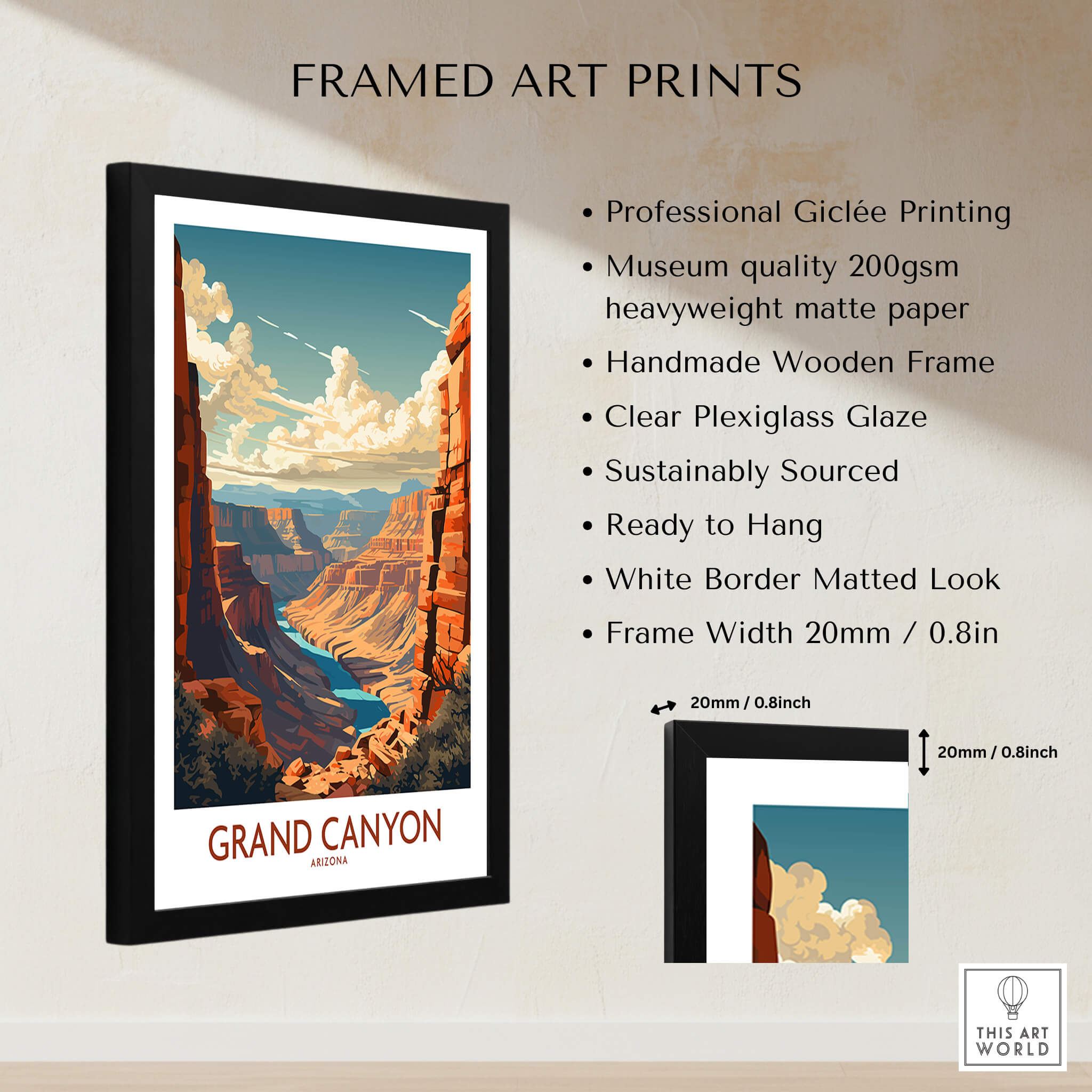 Grand Canyon Wall Art | Modern Style framed print showcasing breathtaking canyon landscape with wooden frame.