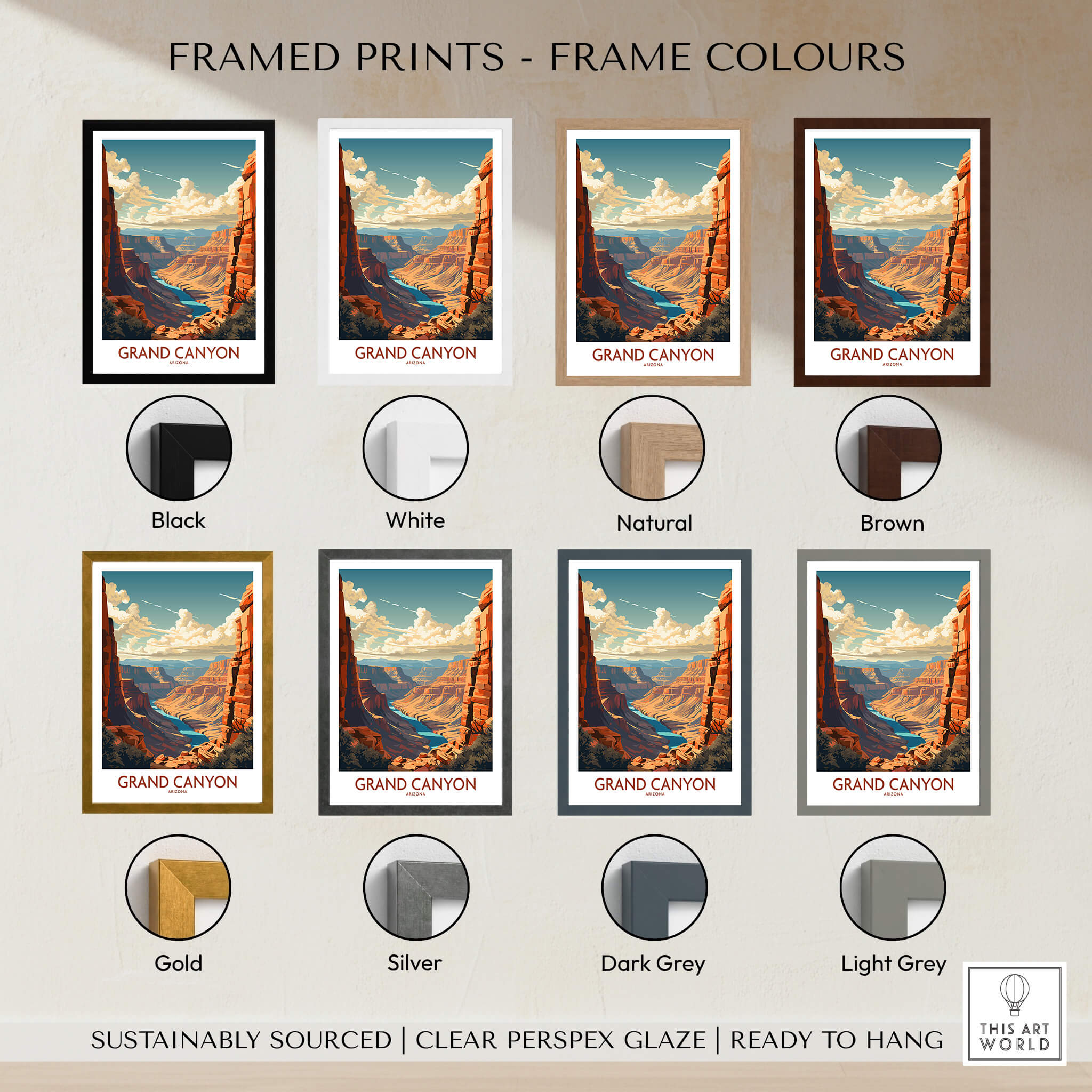 Framed prints of Grand Canyon Wall Art | Modern Style available in various frame colors including black, white, natural, and brown.