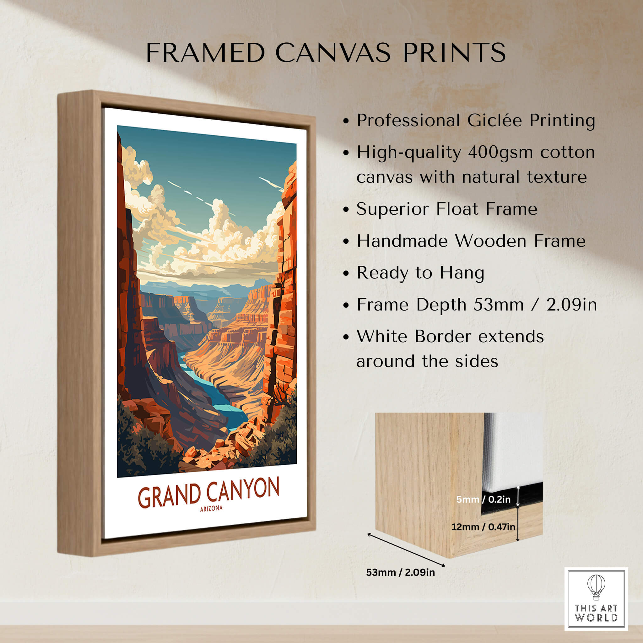 Grand Canyon Wall Art | Modern Style in a wooden frame, showcasing stunning canyon landscape and vibrant colors.