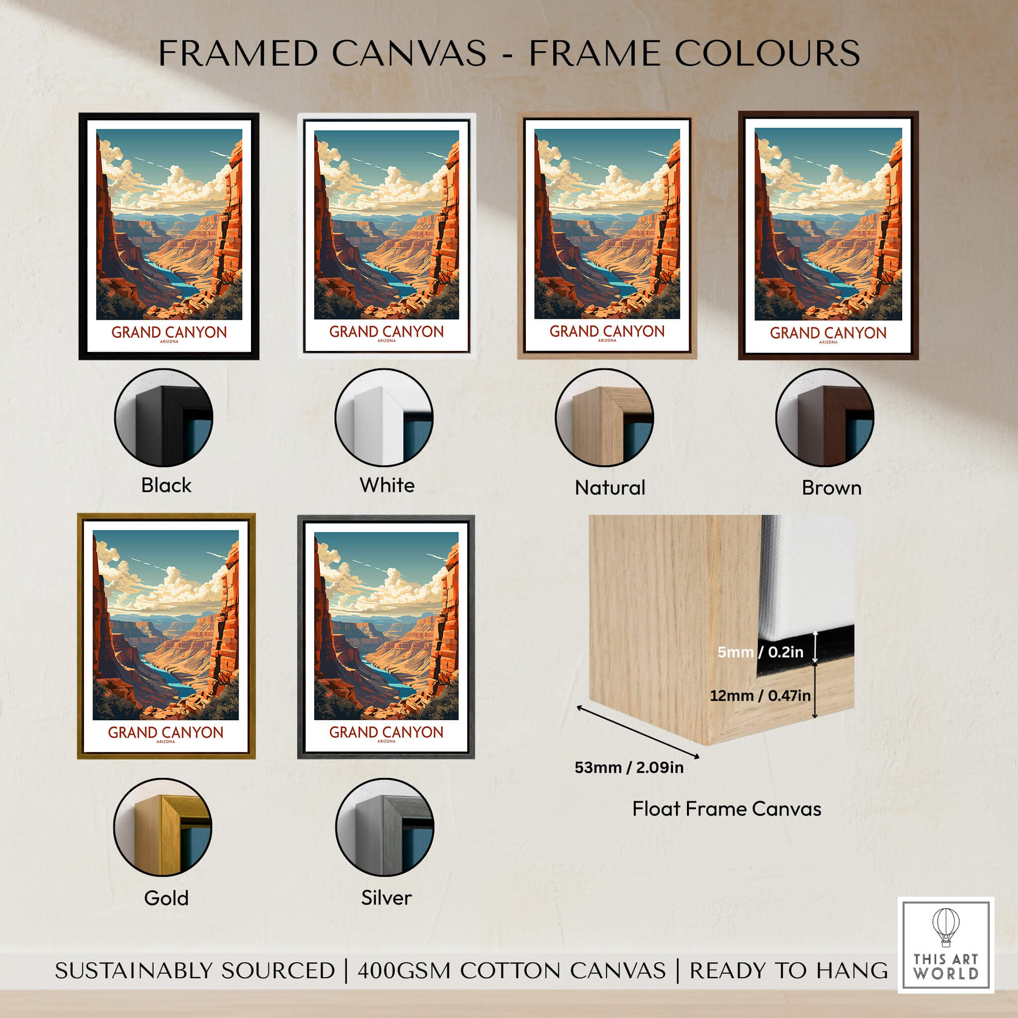 Grand Canyon Wall Art | Modern Style framed canvas options in various colors including black, white, natural, brown, gold, and silver.